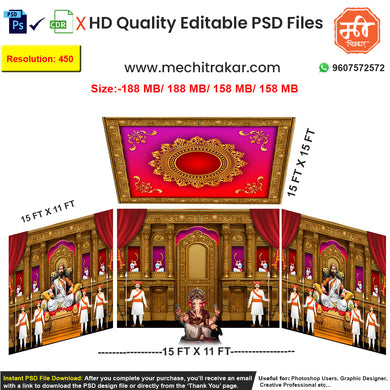 Editable 4-side 'Shivaji Maharaj on Throne' pandal backdrop as an editable psd template, depicting the Chhatrapati seated on his golden sinhasan in a royal darbar.