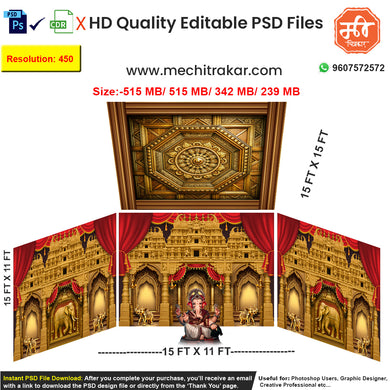Editable 4-side grand temple pandal backdrop as an editable psd template, in a rich red and gold theme, featuring ornate pillars, elephant figures, and carved Apsara motifs.