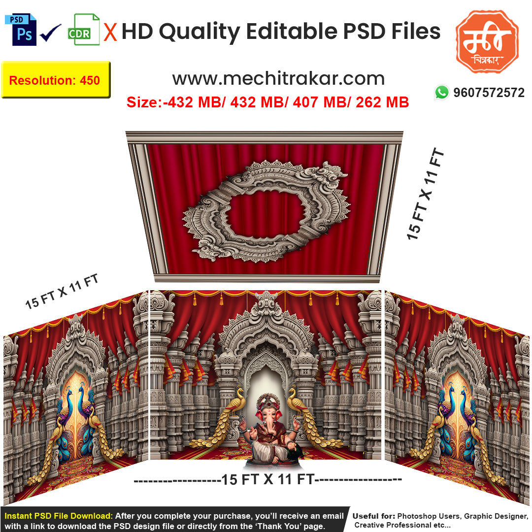 Editable 4-side carved temple pandal backdrop as an editable psd template, in a monochrome stone and red theme, featuring elaborate arches and beautiful peacock pairs.