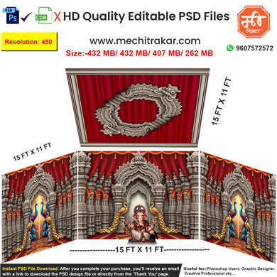 Editable 4-side carved temple pandal backdrop as an editable psd template, in a monochrome stone and red theme, featuring elaborate arches and beautiful peacock pairs.