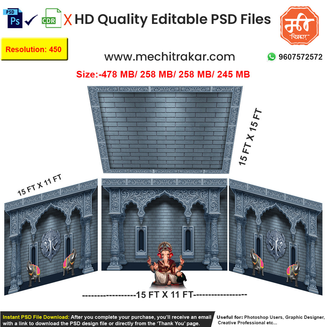 Editable 4-side historical fort pandal backdrop as an editable psd template, featuring carved stone pillars, horse figures, and dhal-talwar (shield-sword) motifs in a dramatic monochrome theme.