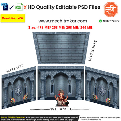 Editable 4-side historical fort pandal backdrop as an editable psd template, featuring carved stone pillars, horse figures, and dhal-talwar (shield-sword) motifs in a dramatic monochrome theme.