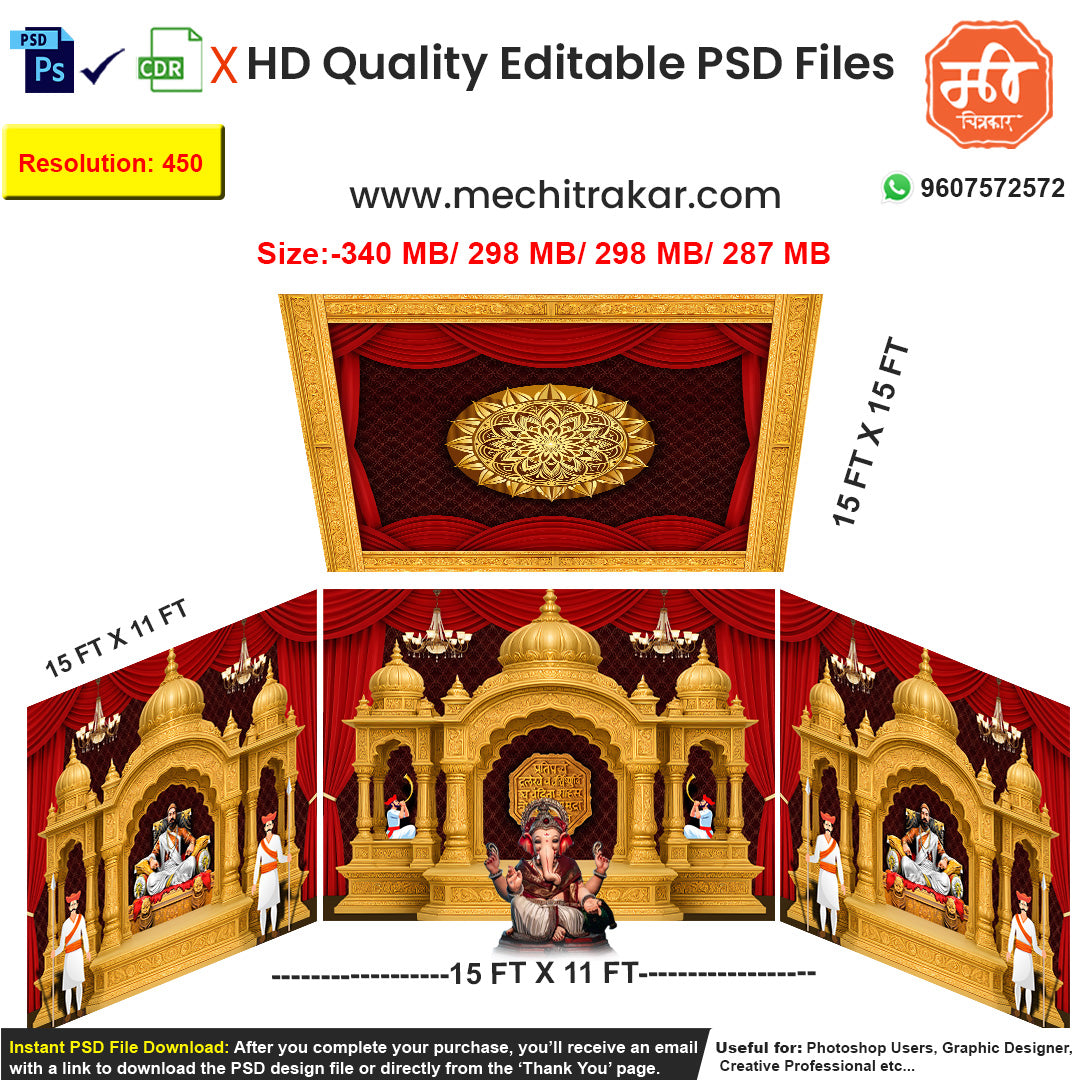 Editable 4-side 'Chhatrapati Shivaji Maharaj Darbar' pandal backdrop as an editable psd template, depicting the Chhatrapati on his golden throne (sinhasan) surrounded by his court.