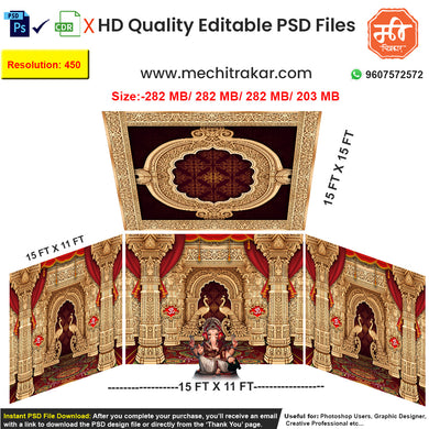 Editable 4-side grand temple pandal backdrop as an editable psd template, in a rich red and gold theme, featuring highly detailed carvings, ornate pillars, and peacock pairs.