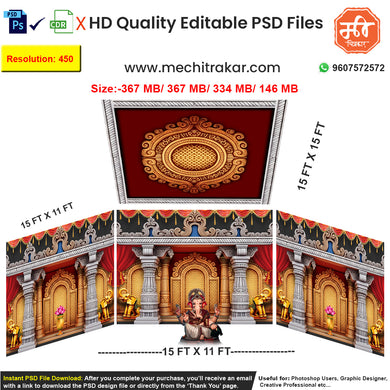 Editable 4-side carved stone temple pandal backdrop as an editable psd template, in a monochrome and red theme, featuring ornate pillars, elephant figures, and lotus motifs.