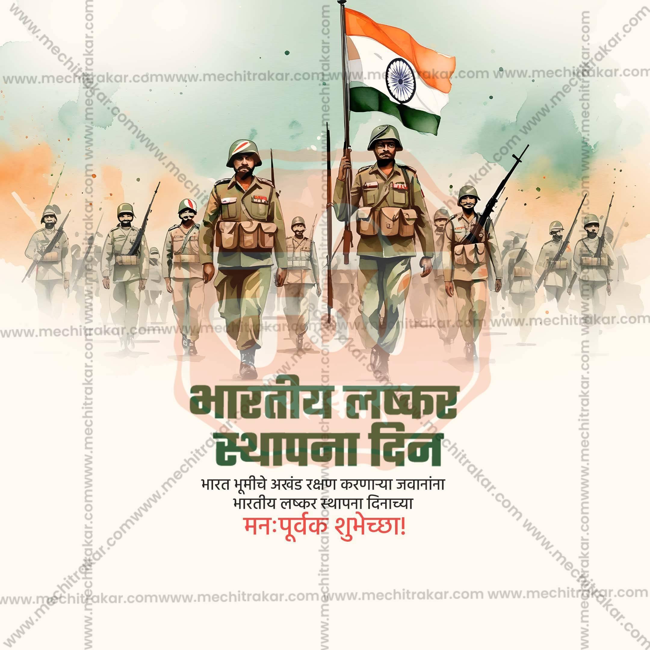 Indian Army Day celebration banner PSD, featuring a soldier in uniform and editable greeting text.