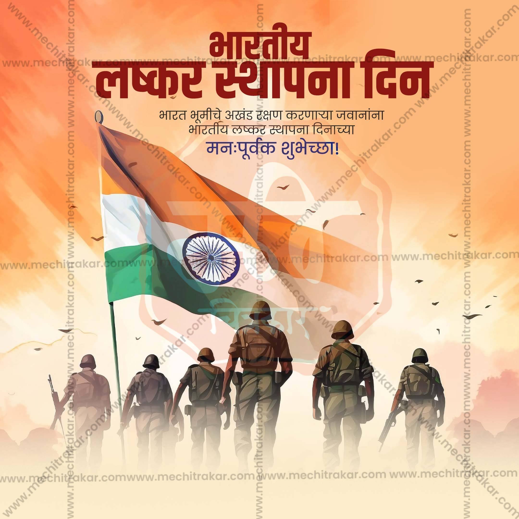 Editable Indian Army Day greeting card PSD, including a heartfelt message in Hindi and patriotic design elements.