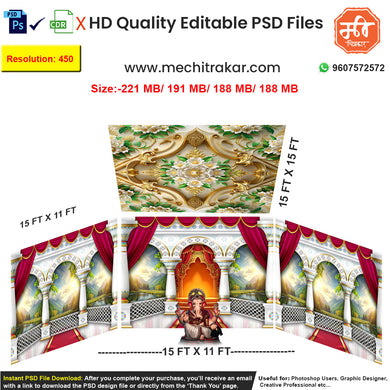 Editable 4-side heritage balcony pandal backdrop as an editable psd template, featuring white and gold arches, a nature view, red curtains, and a floral canopy top panel, for Ganpati, Navratri, or wedding stages.