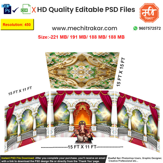 Editable 4-side heritage balcony pandal backdrop as an editable psd template, featuring white and gold arches, a nature view, red curtains, and a floral canopy top panel, for Ganpati, Navratri, or wedding stages.