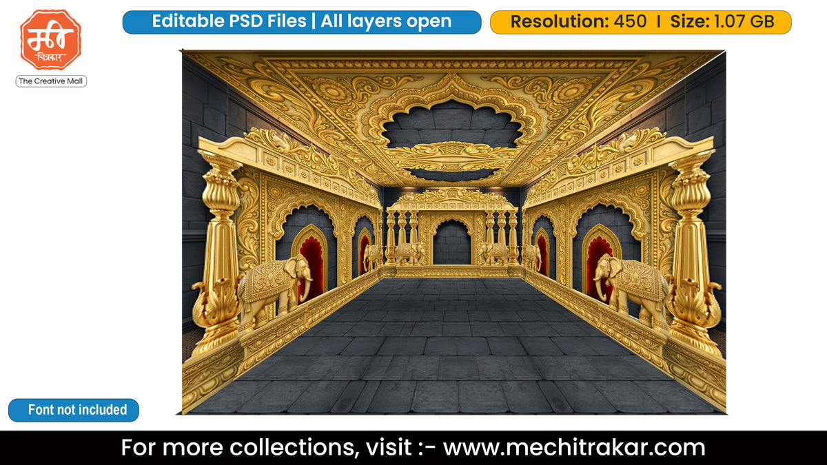 Golden Elephant Lotus Pillar Stone Palace Five Side Decoration Editable PSD File for Designers - Theme Based Design