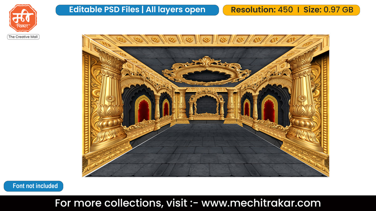 Golden Lotus Pillar Stone Corridor Ceiling Medallion Five Side Pandal Decoration Editable PSD File for Designers - Theme Based Design
