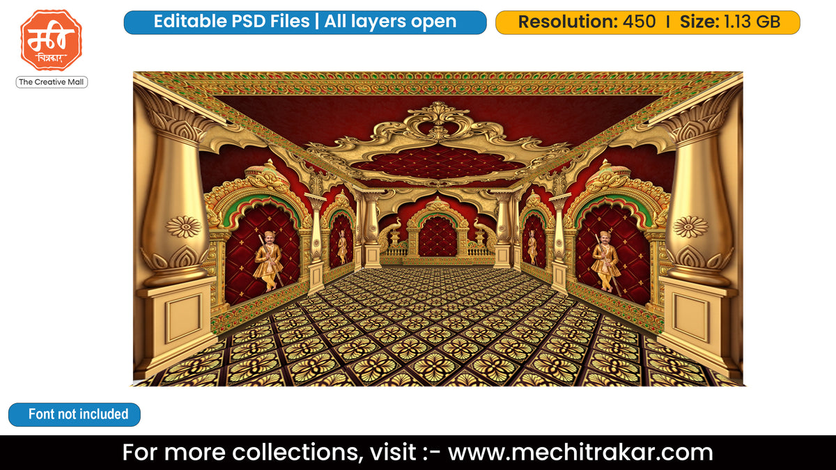 Royal Court Red Velvet Attendant Figures Peacock Palace Five Side Pandal Decoration Editable PSD File for Designers - Theme Based Design