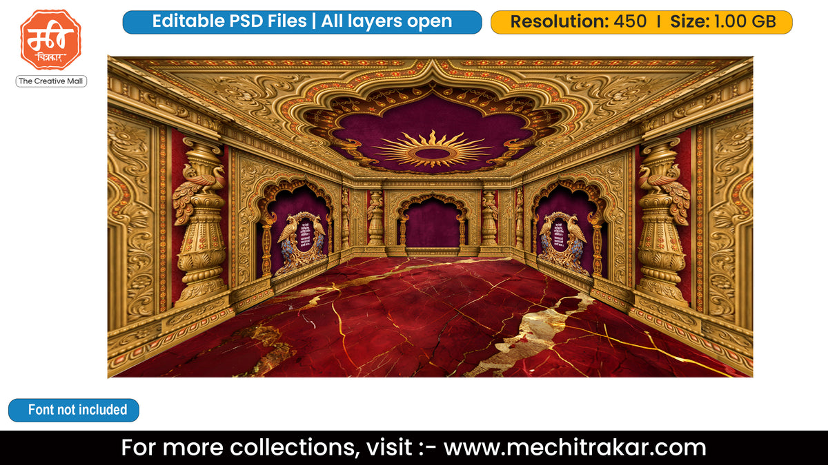 peacock Velvet Sunburst Ceiling Red Marble Peacock Palace Five Side Pandal Decoration Editable PSD File for Designers - Theme Based Design