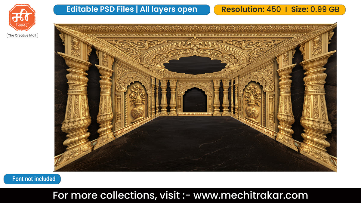 Carved Gold Pillar Lotus Vase Dark Marble Palace Five Side Pandal Decoration Editable PSD File for Designers - Theme Based Design