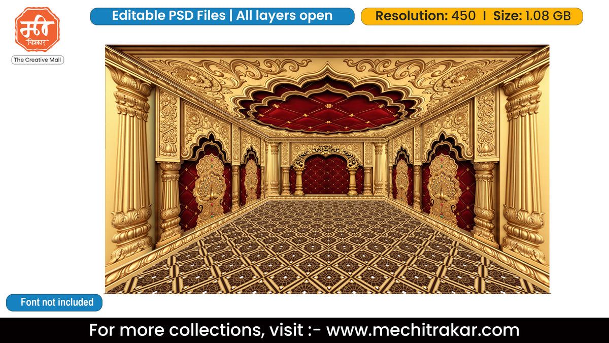 Red Velvet Gold Peacock Palace Five Side Pandal Decoration Editable PSD File for Designers - Theme Based Design