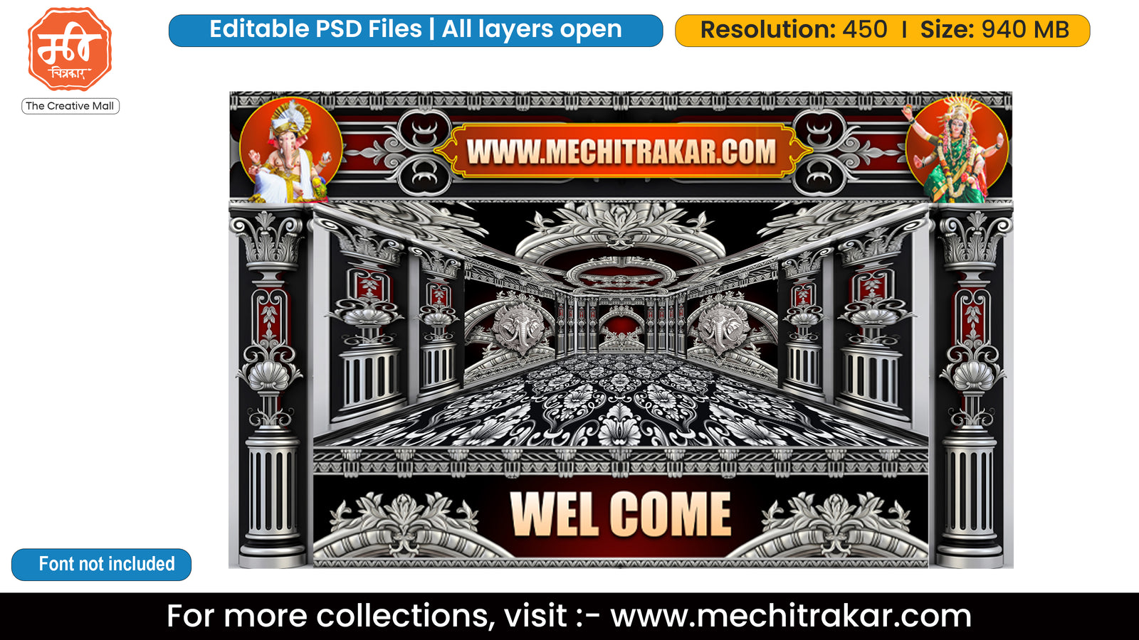 Silver Gaja Damask Welcome Backdrop PSD Template Set