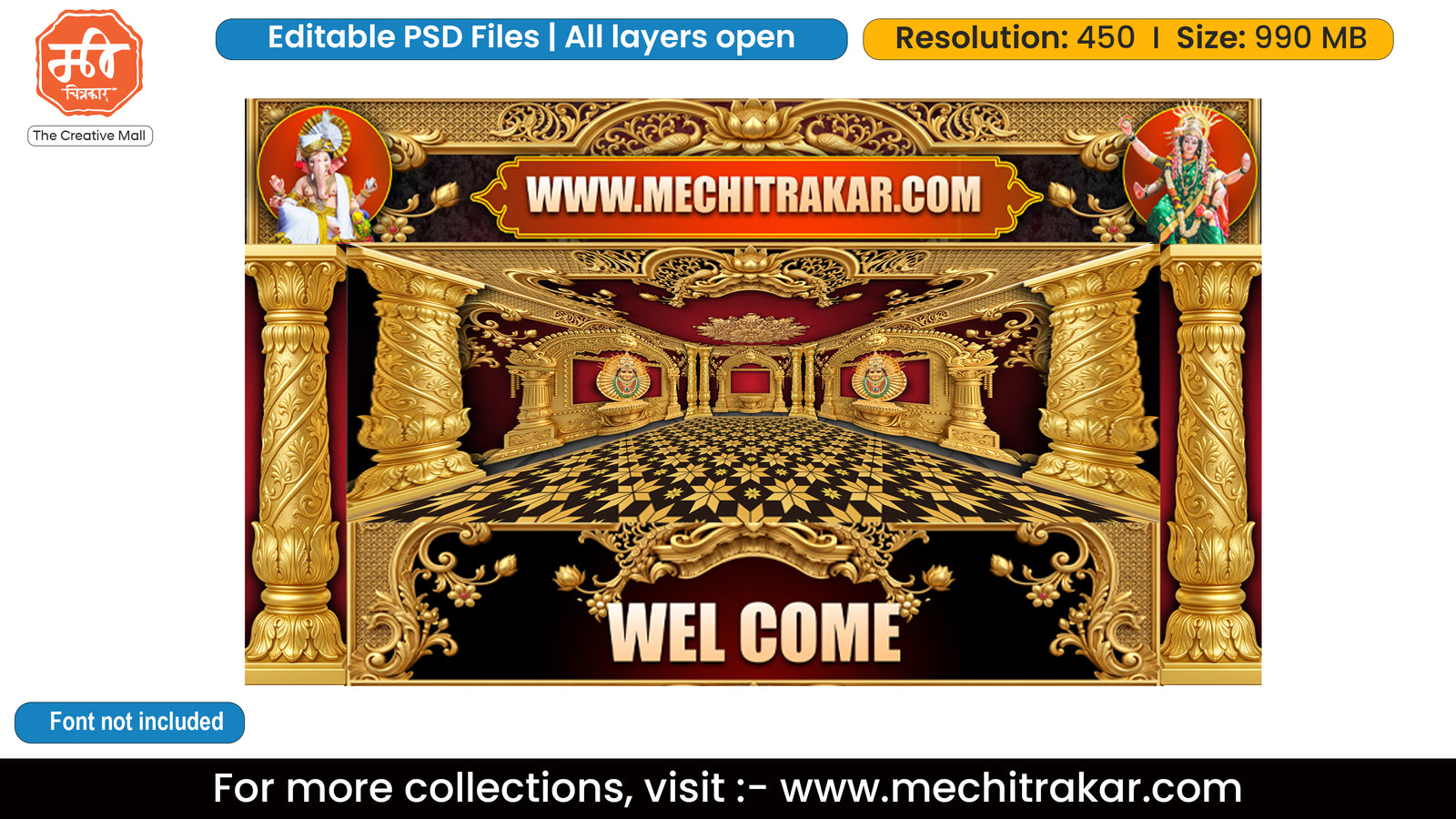 Golden Devi Mask Sanctum Welcome Backdrop PSD Template Set