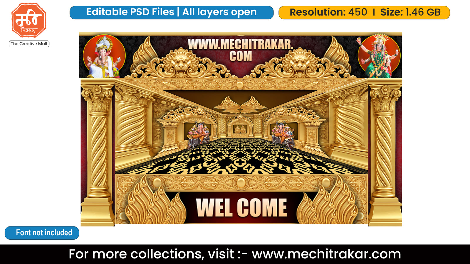 Golden Trishul Guardian Welcome Backdrop PSD Template Set