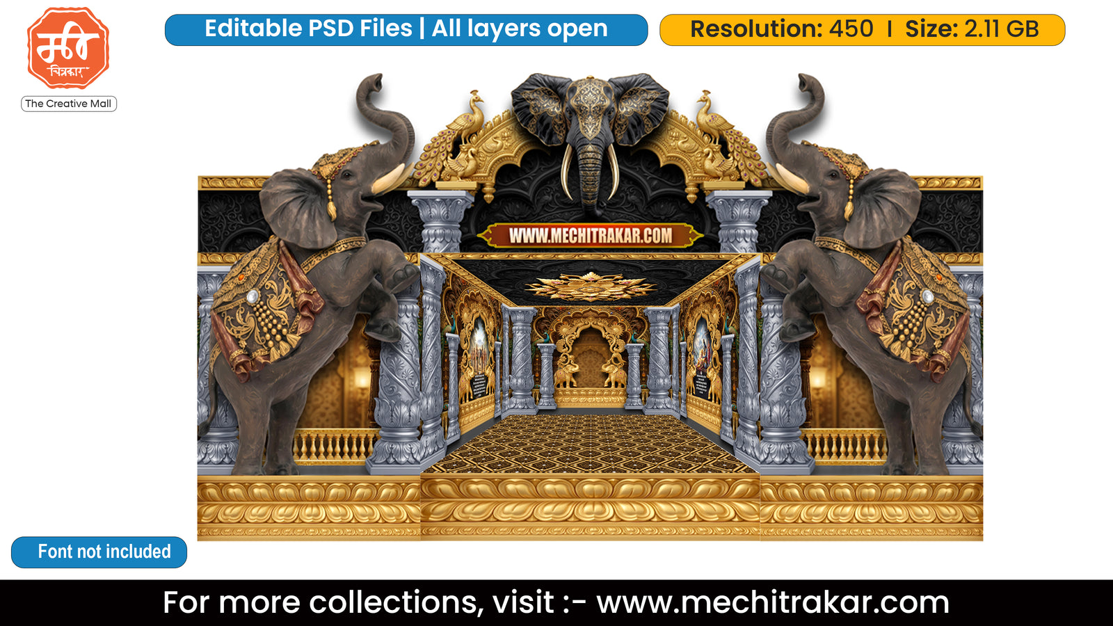 Royal Guardian Elephant Editable PSD Backdrop Template for Pandal Decoration