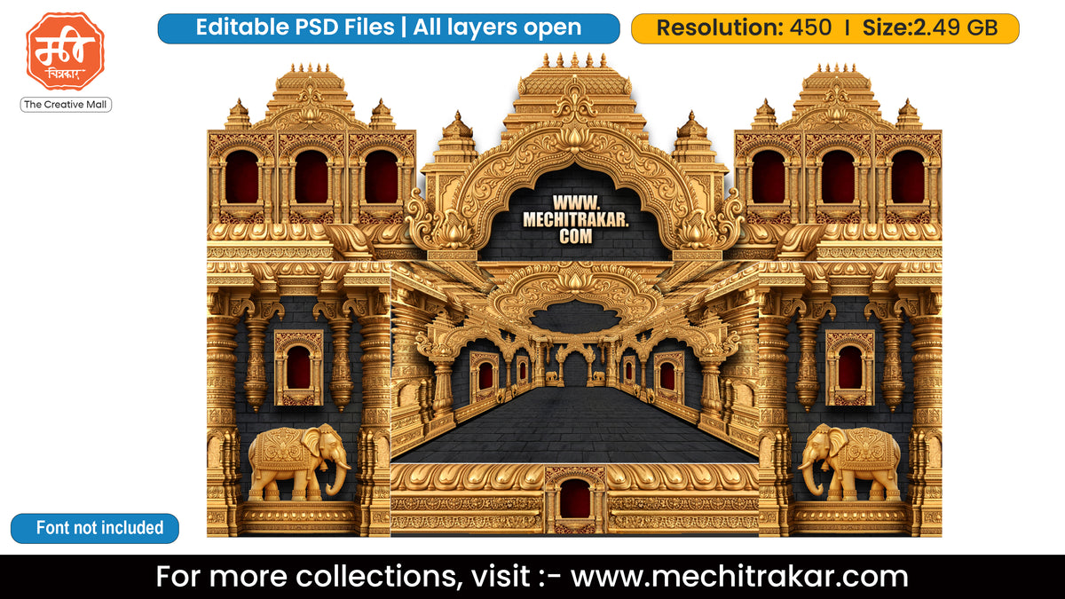 Golden Temple Gopuram Gaja Lakshmi Elephant Six Side Pandal Decoration Editable PSD Template for Designers