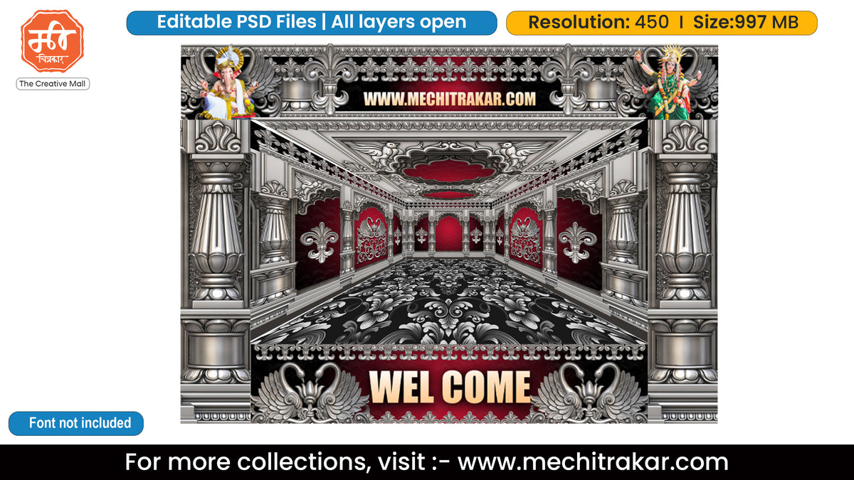 Ganpati Bappa and Tulja Bhavani Silver Swan Royal Hall 6 Side Decoration Editable PSD Template