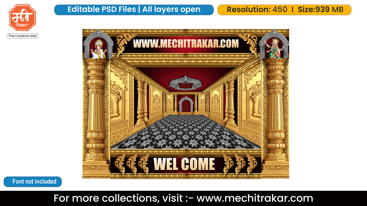 Ganraj Ekdanta and Tulja Bhavani Golden Pillar Maroon Palace Hall 6 Side Decoration Editable PSD Template