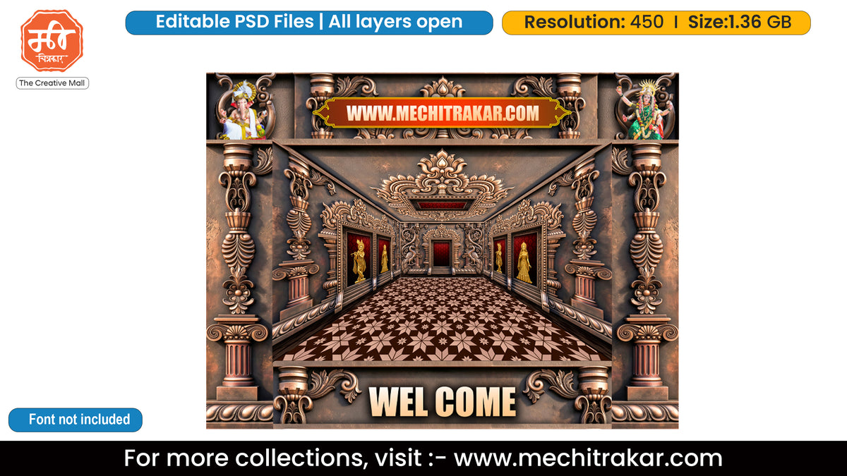 Ganpati Bappa Tulja Bhavani and Shri Krishna Radha Antique Copper Palace Hall 6 Side Decoration Editable PSD Template
