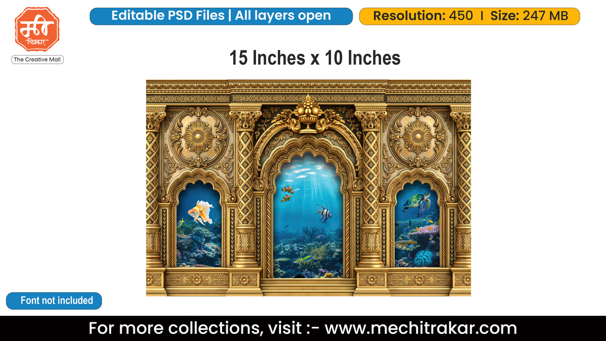 Lord Vishnu Matsya Avatar Golden Palace Aquarium Arch Backdrop Editable PSD Template