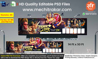 Dynamic illustration of flying Mahabali holding the Sanjeevani mountain merged with a Ramnavami Banner Flex editable psd template for outdoor advertising.