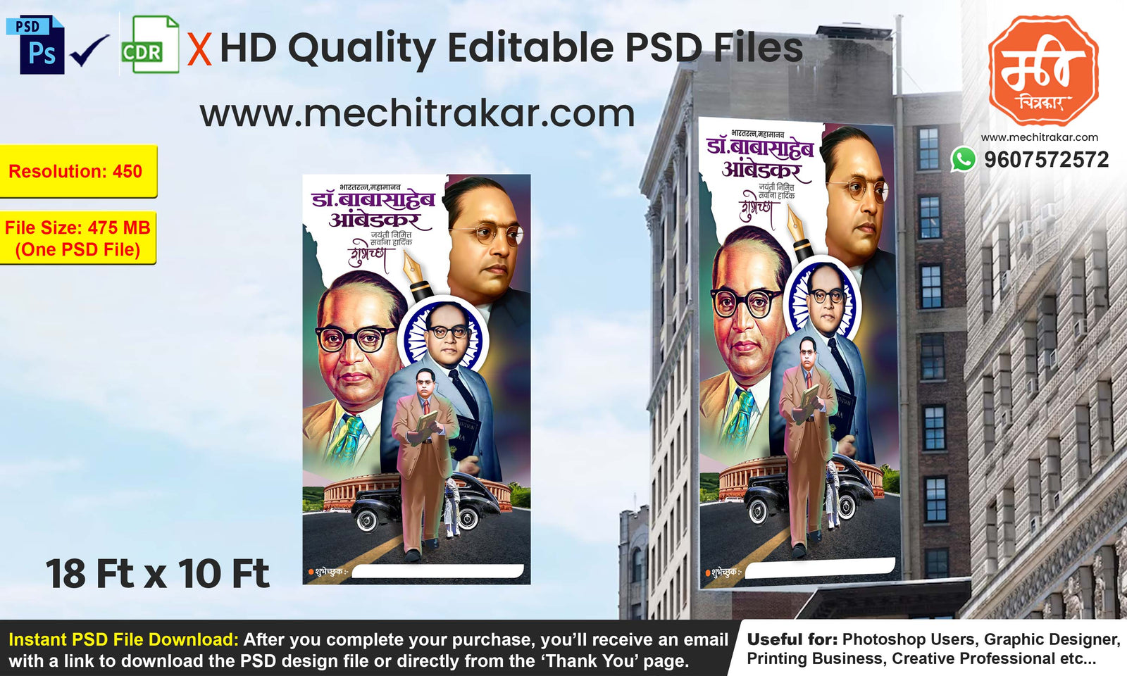 Classic standing pose Dr. Babasahe Ambedkar Jayanti Banner Flex editable psd template with vintage automobile for creative outdoor advertising.