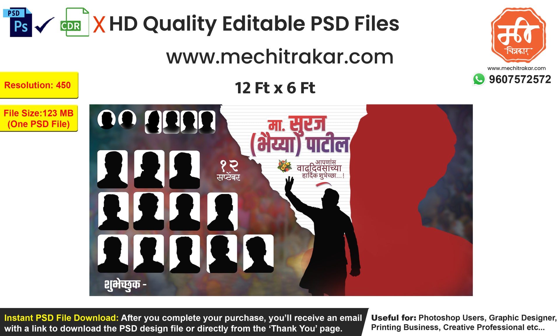 Multiple well wisher slots Birthday Wish Flex editable psd template with dynamic waving pose silhouette