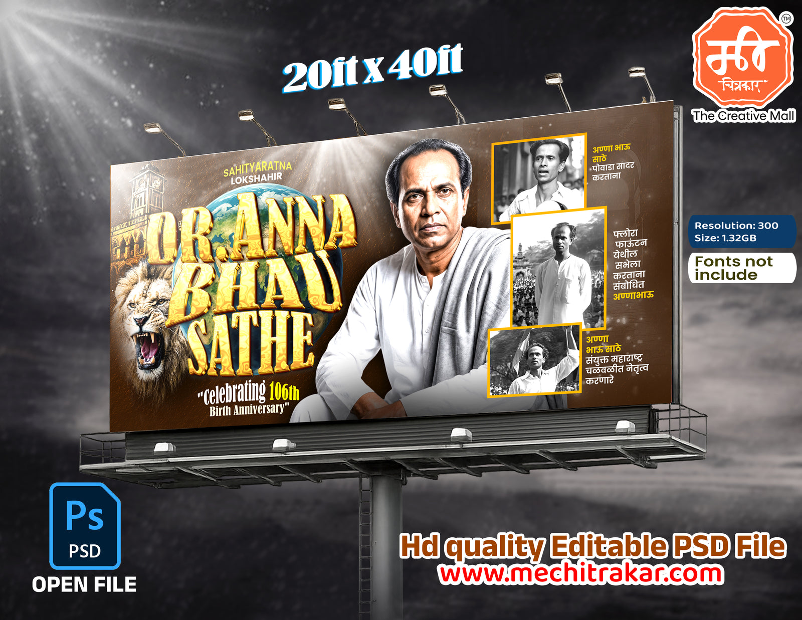 Historical portrait collage Anna Bhau Sathe Jayanti Banner Flex editable psd template featuring globe