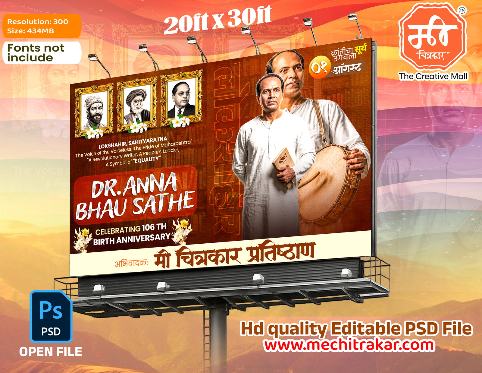 Drummer graphic Anna Bhau Sathe Jayanti Banner Flex editable psd template featuring historical leaders
