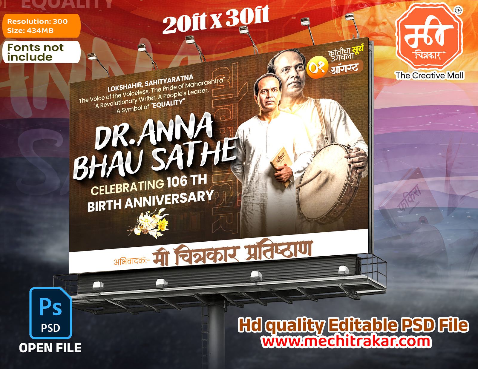 Textured background dual portrait Anna Bhau Sathe Jayanti Banner Flex editable psd template for marketing