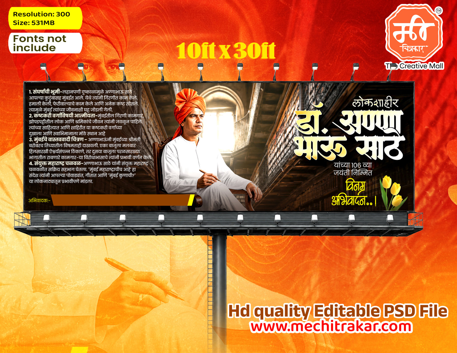 Library setup Anna Bhau Sathe Jayanti Banner Flex editable psd template featuring turban attire