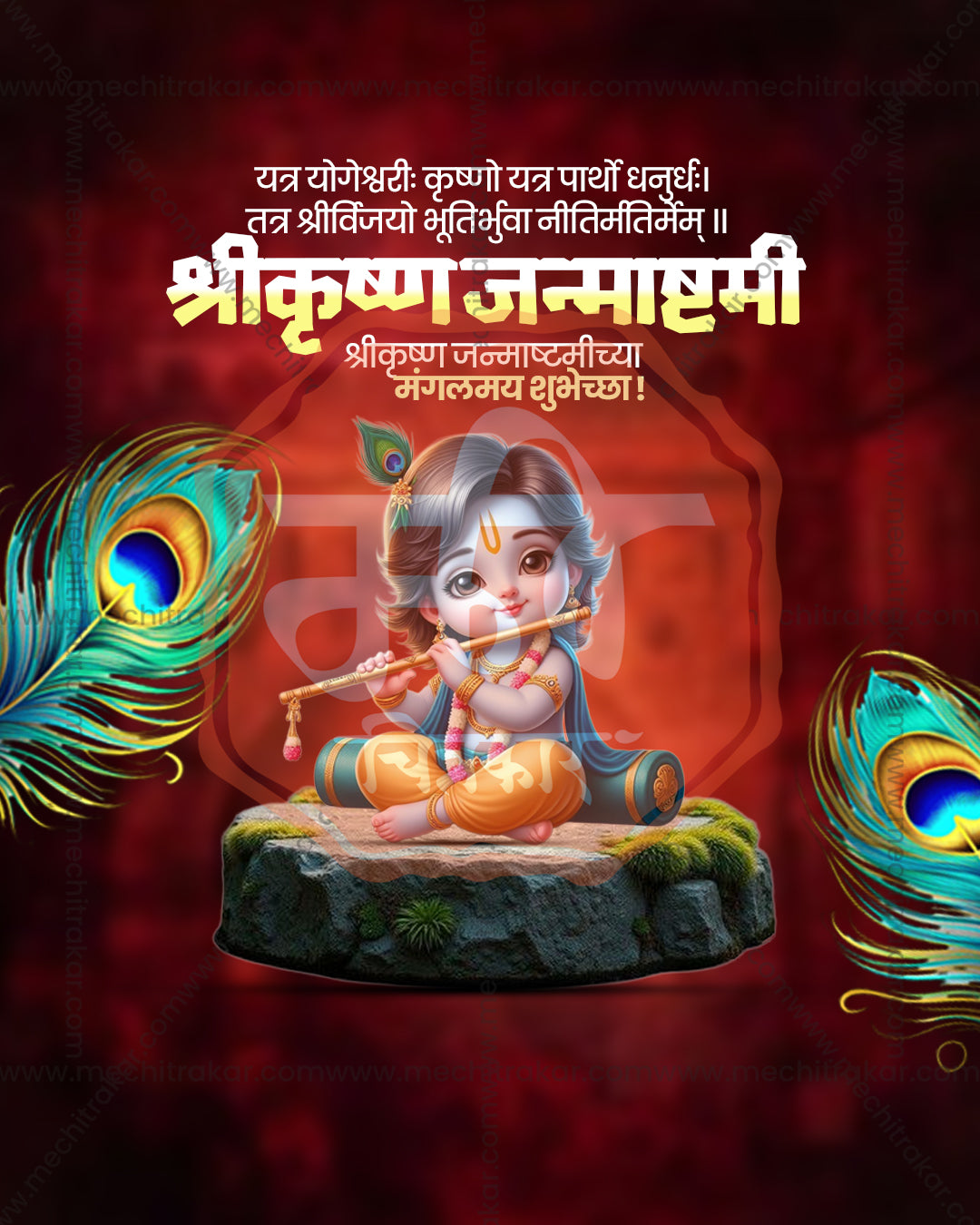 Emerald Peacock Feather style Shree Krishna Janmashtami flex and social PSD template