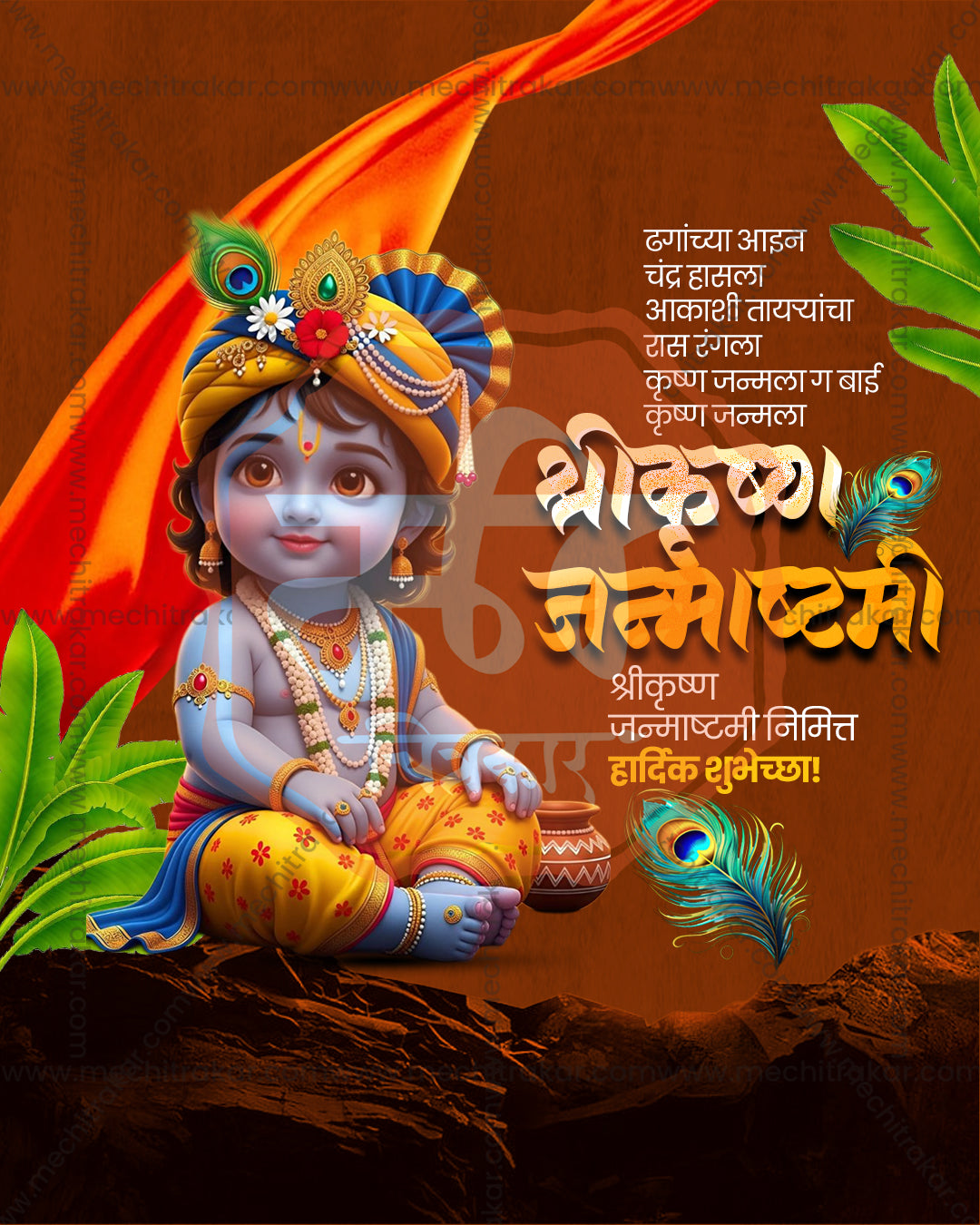 Emerald Peacock Feather style Shree Krishna Janmashtami flex and social PSD template