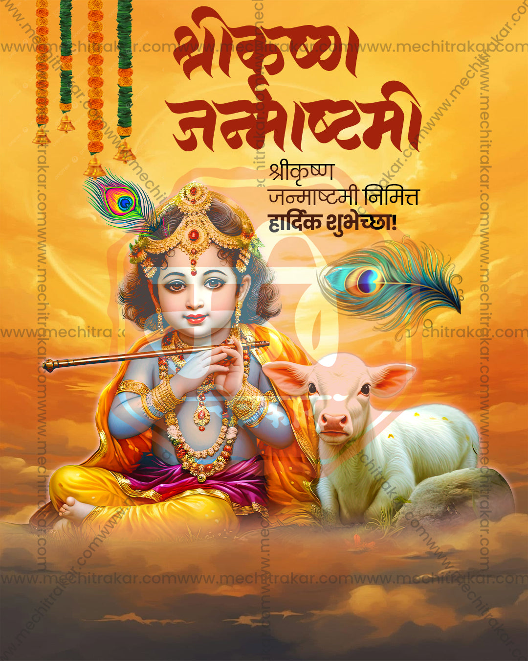 Emerald Peacock Feather style Shree Krishna Janmashtami flex and social PSD template