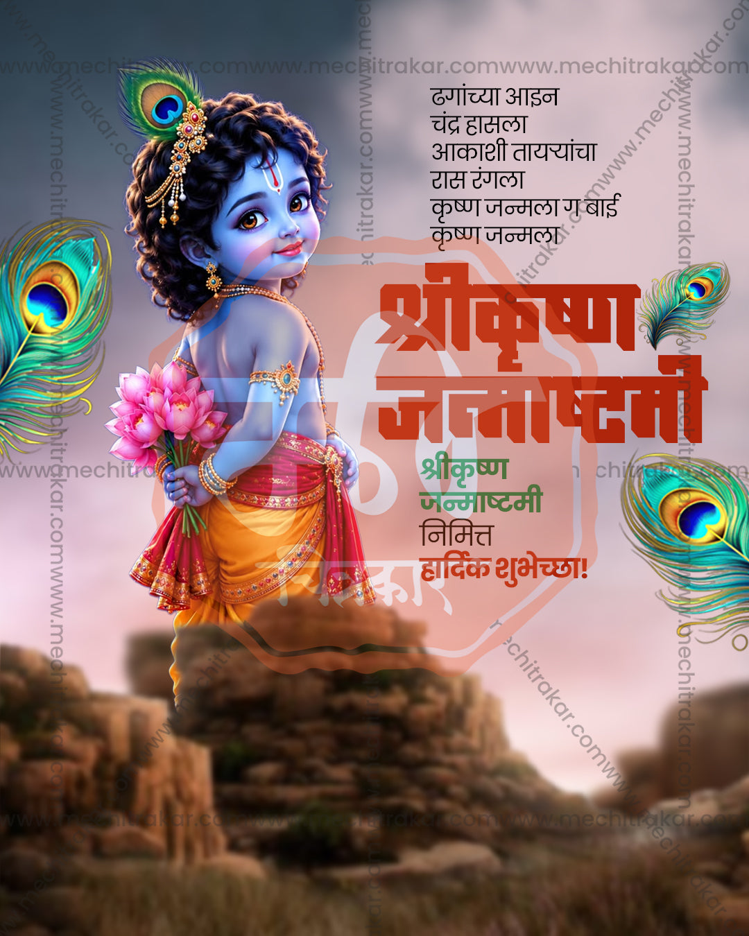 Illustrated Bal Gopal editable PSD template for Shree Krishna Janmashtami social media post
