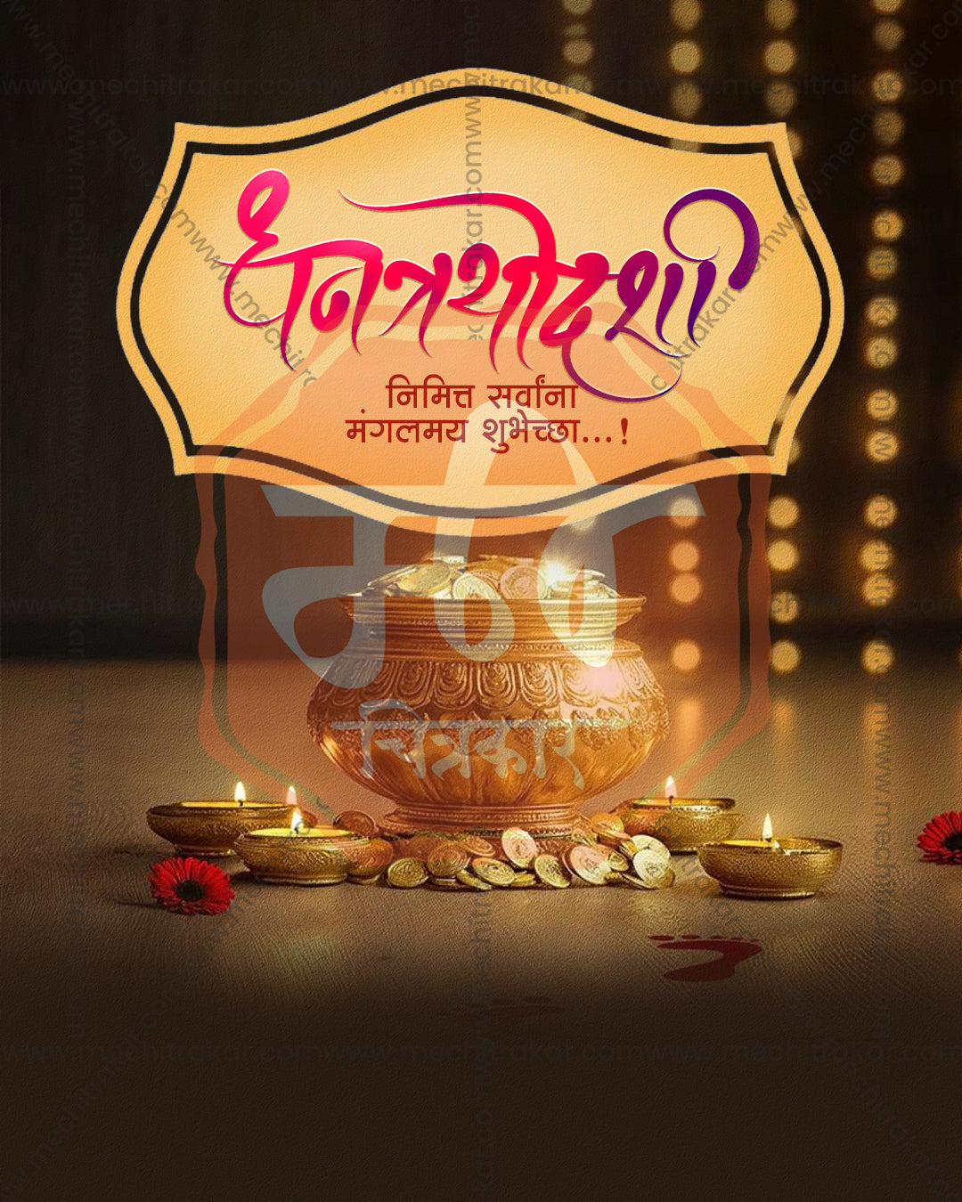 Editable Dhanteras PSD template with Maa Lakshmi ornate golden pot, ornate gold sign frame, diyas, coins and red flowers on a dark bokeh photo style background