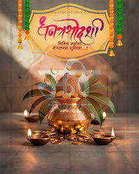 Editable Dhanteras PSD template with Lord Dhanvantari amrit kalash, coconut, mango leaves, copper diyas and a hanging sign frame in a studio style scene