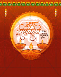 Rust orange backdrop with glowing cream circle, white title and diyas in a diwali special social media editable PSD template