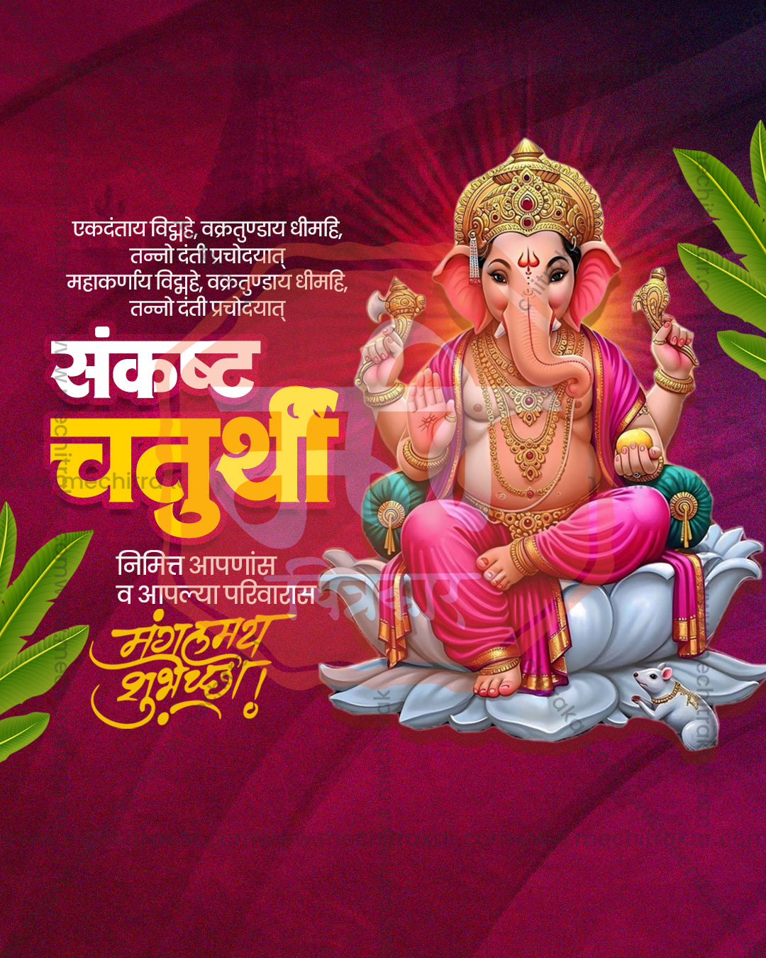 Plum White Lotus Sankashti Chaturthi social media design featuring Mangalmurti and Lambodara with white lotus and plum maroon backdrop, editable PSD template for designers and agencies