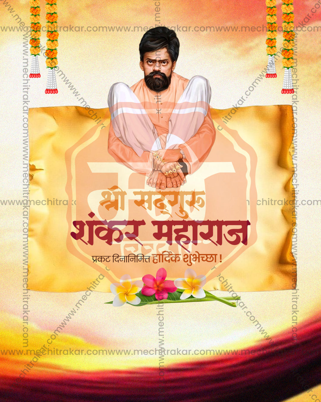 Shankar Maharaj seated above a golden silk cloth with title text plumeria flowers and hanging garlands in sunset light