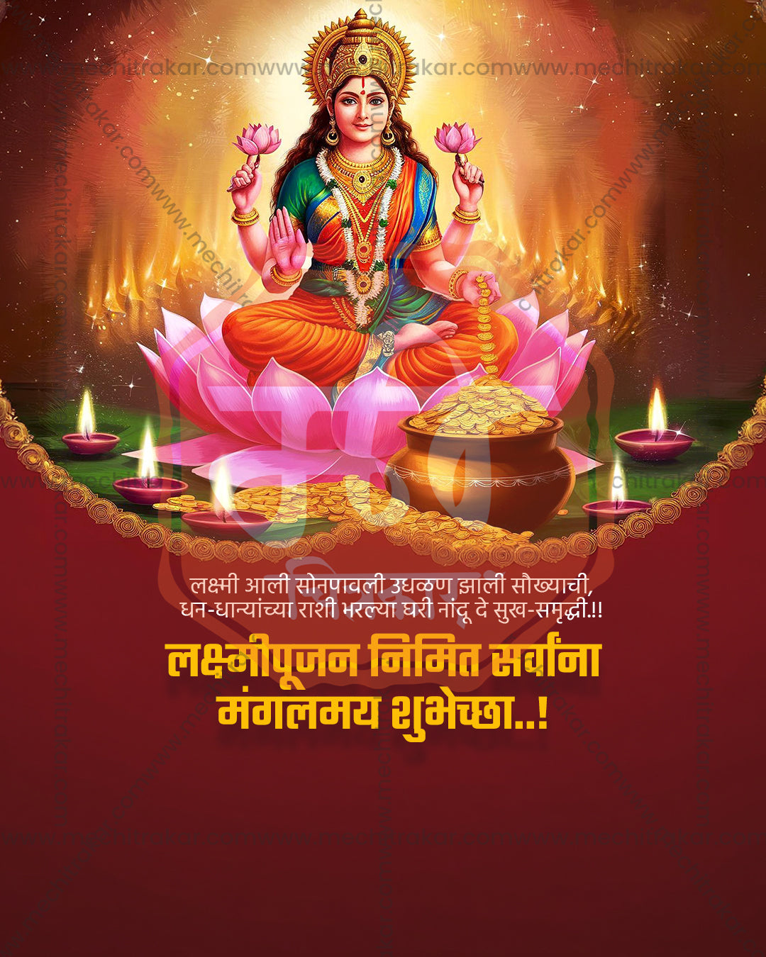 Fiery glow illustration of Goddess Madhavi, Dhana Lakshmi avatar, with overflowing coin pot and ring of diyas on blazing glow backdrop, editable PSD social media template