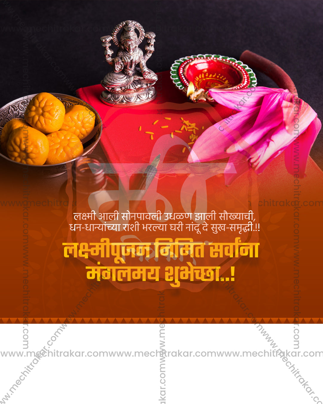 Silver murti still life of Goddess Sarasija, Padma Lakshmi avatar, with silver idol and sweet laddoo bowl on dark studio backdrop, editable PSD social media template