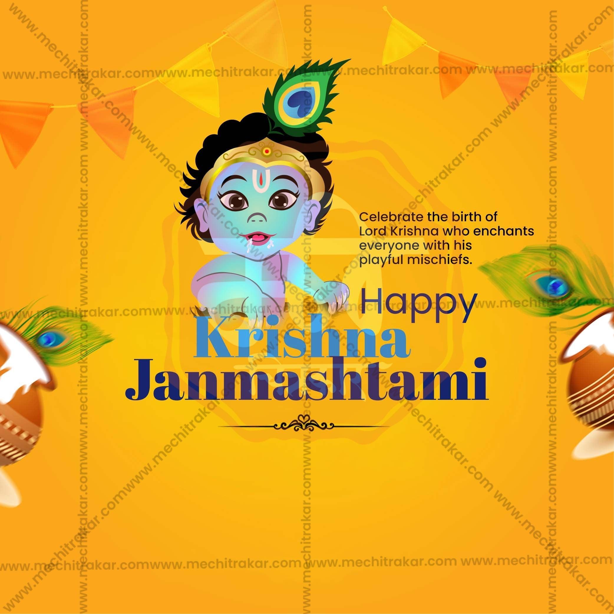 Beautiful Sri Krishna Janmashtami Event Poster in Marathi, Hindi, and English - High-Quality Editable PSD and JPG by Me Chitrakar