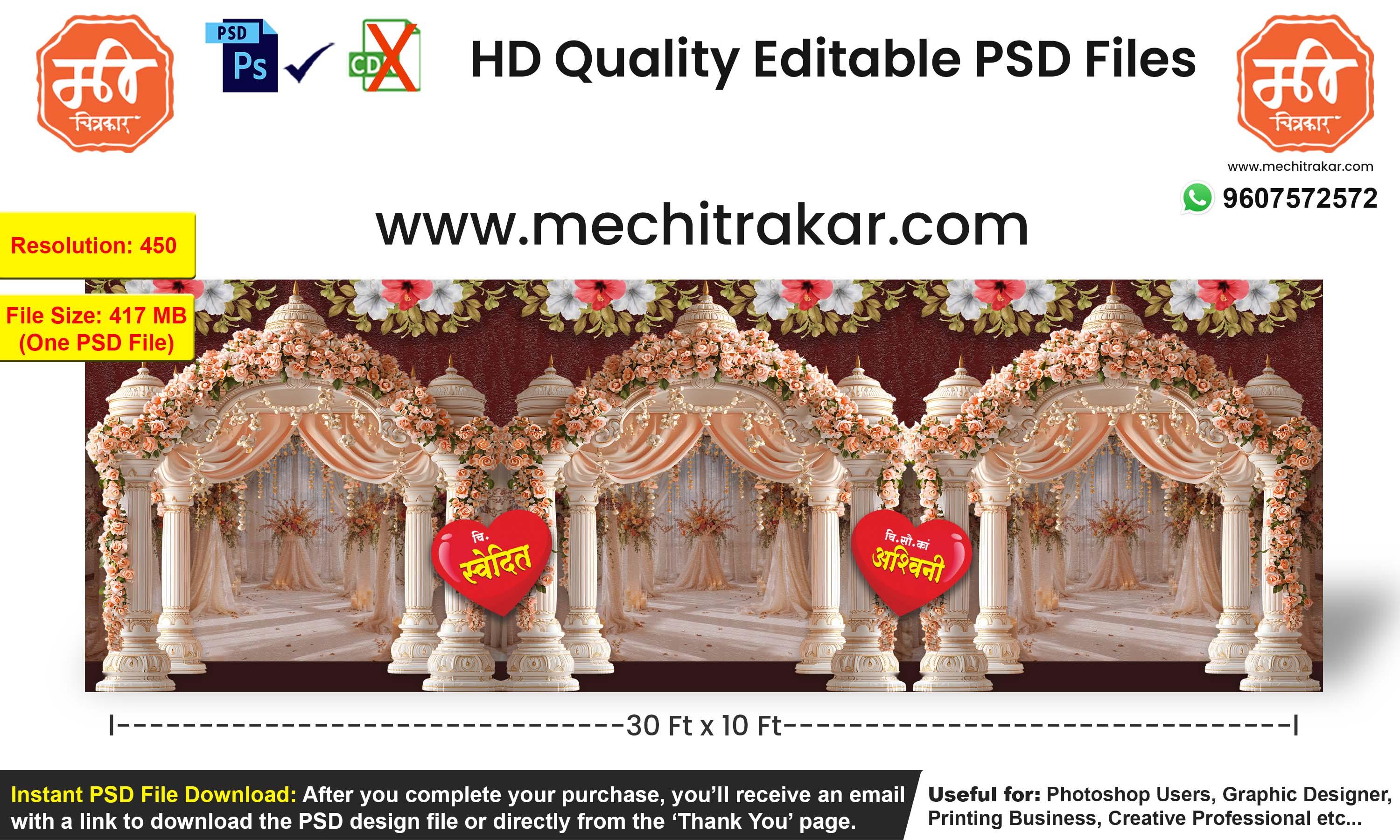 Editable HD Wedding Stage Backdrop PSD Template – Floral Mandap Design for Indian Marriage Ceremony Decoration – 30x10 ft