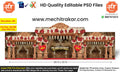 Editable PSD file showing a royal wedding backdrop with golden carved mandap, floral decorations, and majestic stage setup for traditional marriage events.
