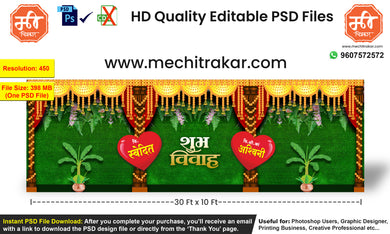 Editable PSD of a traditional Indian wedding backdrop featuring banana trees, golden floral curtains, and a lush green background for marriage and festive events.